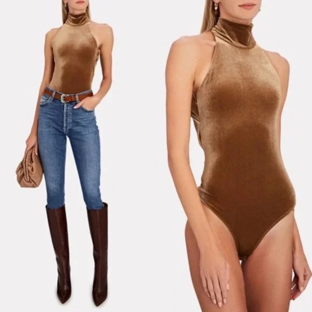 ALIX NYC ‘Bentley’ Cutout Sleeveless Velvet Bodysuit in Golden Brown Size Medium